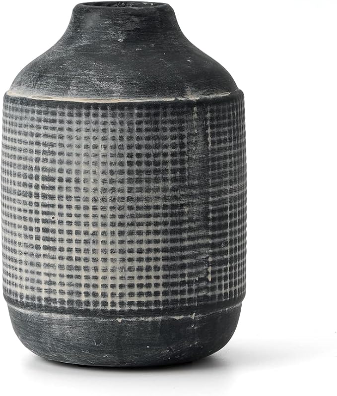 SIDUCAL Ceramic Rustic Farmhouse Vase, Sand Glaze Finish Boho Vase, Pottery Decorative Flower for Home Decor, Table, Living Room Decoration, Shelf Decor, Mantel, 7.4 Inch, Black