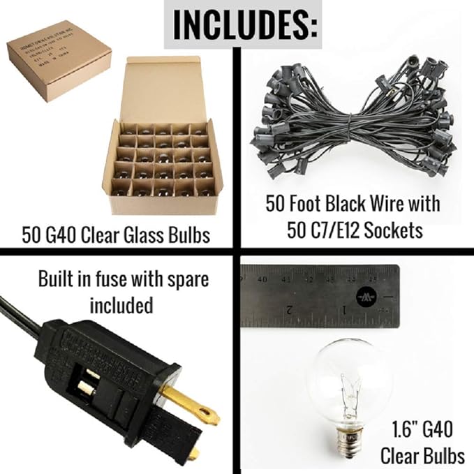Hometown Evolution, Inc. 50 Foot G40 Globe String Lights with Clear Bulbs and Black Wire (+ 2 Free Spares) for Patio Deck Cafe Bistro and Outdoor Lighting