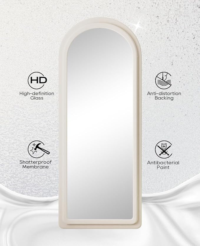 Floor Mirror, Full Length Mirror with Stand, 63"x24" Freestanding Arched Mirror Full Length Hanging or Leaning, Wall Mounted Mirrors with Flannel Frame, Large Mirrors for Bedroom (White)