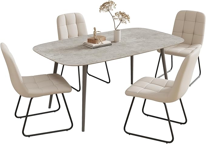 55.1'' Dining Table Set for 4,Modern Wood Dining Table,Leather Dining Chairs 4,Table and Chairs Set of 4,Ideal for Kitchen Dining Room (Gray Table + 4 U-Shaped White Chairs, 55.1")