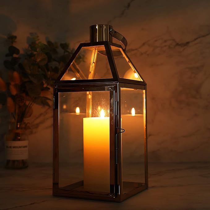 JHY Design Rose Gold Decorative Lanterns 16 inch High Stainless Steel Candle Lanterns with Tempered Glass for Indoor Outdoor Events Parities and Weddings