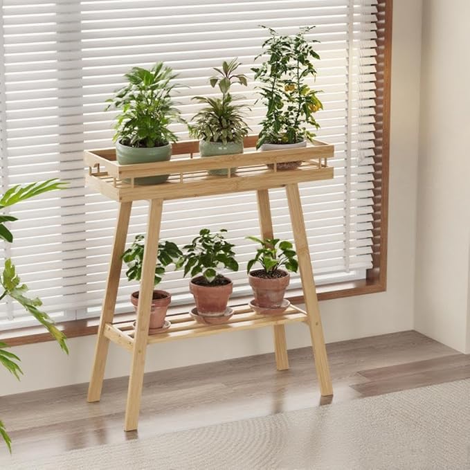 BAMBANG Bamboo Plant Stand Indoor, 2 Tier Small Plant Table, Tall Plant Stand for Indoor Plants, Window Sill Plant Shelf, Flower Pot Holder Plant Bench Plant Rack for Living Room, Natural