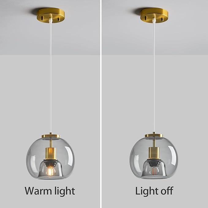 Light Grey Glass Pendant Lights Kitchen Island Gold Hanging Light Fixture Glass Globe Pendant Light Modern Pendant Lighting for Kitchen Island Bedroom Dining Room (7.87", 3 Pack)