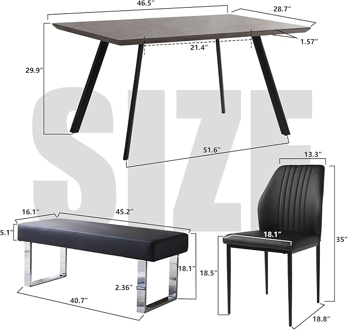 ZckyCine Modern 6-Piece Rectangular Wooden Dining Table Set with 4 Leather Chairs and 1 Leather Stool, Suitable for 4-6 People