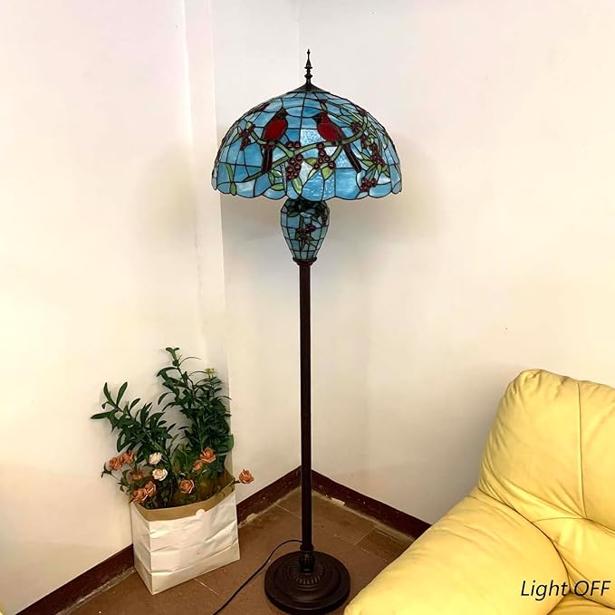 Bieye L10894 Red Cardinals on Holly Branches Tiffany Style Stained Glass Floor Lamp with 20-inch Wide Lampshade, Double-Lit, 64-inch Tall