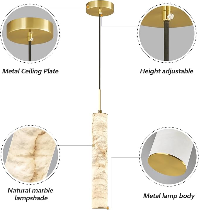 LMQNINE Natural Alabaster Pendant Lights for Kitchen Island White Marble Long Tube Chandelier Modern Gold Ceiling Light Fixtures for Bedroom Dining Room Table Living Room Hallway(M-3Pack)