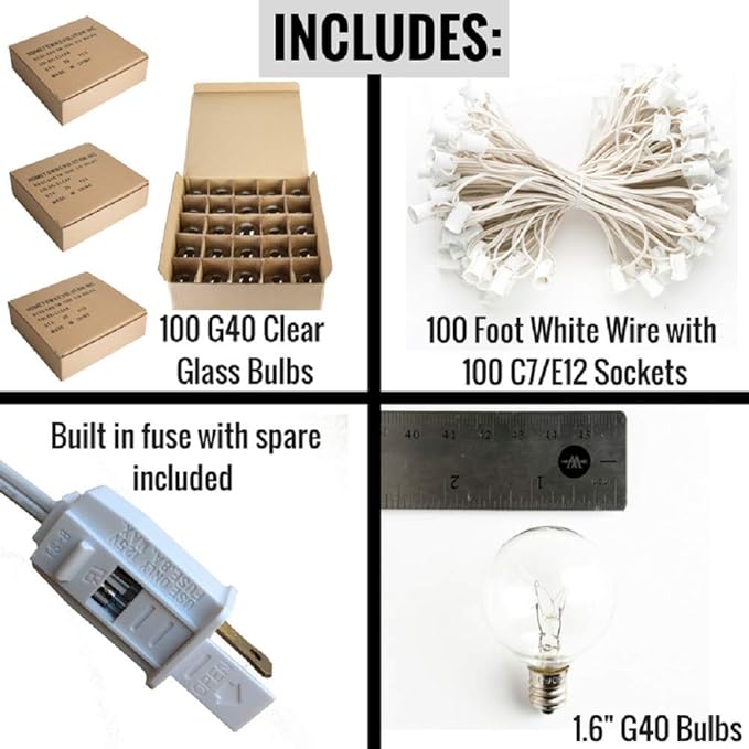 Hometown Evolution, Inc. 100 Foot G40 Globe String Lights with Clear Bulbs (100 Foot - White Wire) for Weddings, Bistro, Cafe, Market and Tent Lighting