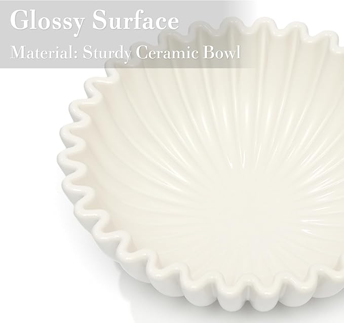 Large Decorative Bowl, White Ceramic Fruit Bowl for Kitchen Counter, Key Bowls for Entryway Table, Modern Coffee Table Home Decor, Scalloped Handmade Artwork White 9.6 inches