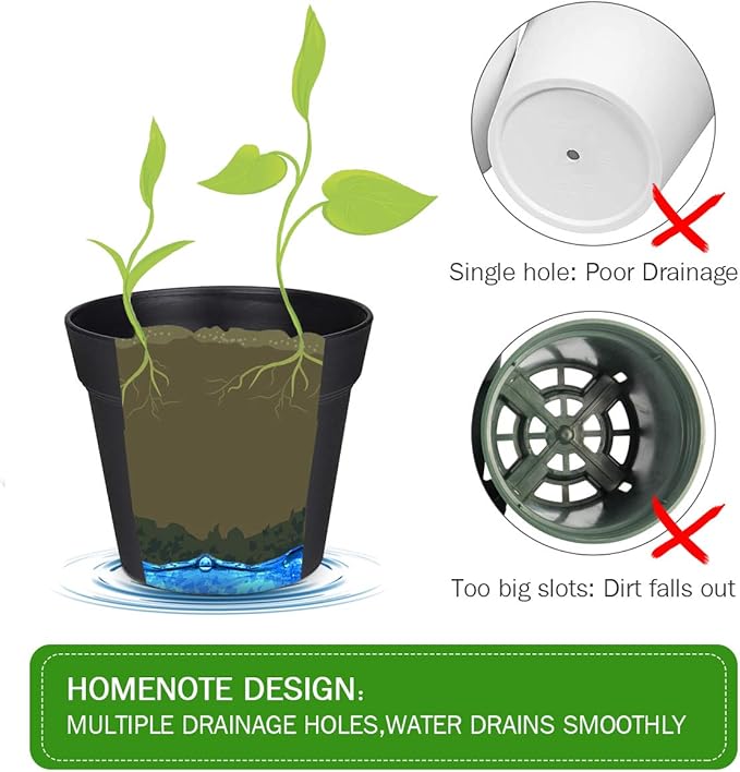 homenote Pots for Plants, 15 Pack 6 Inch Plastic Planters with Multiple Drainage Holes and Tray,Plant Pots for All Home Garden Flowers Succulents (Black)