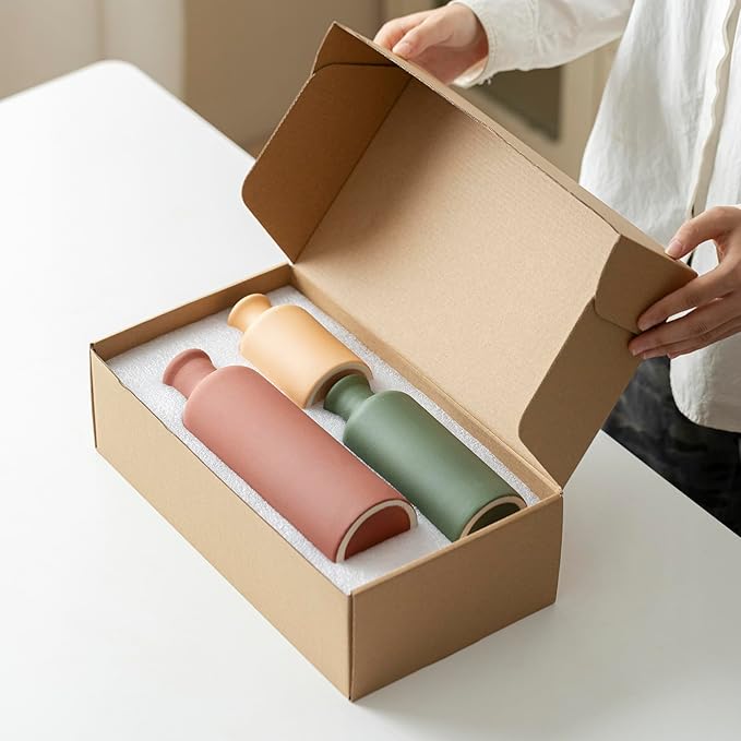 Modern Ceramic Vase Set of 3, Neutral Colors, Decorative Bottles for Home, Farmhouse Rustic Decor (Green Mix)