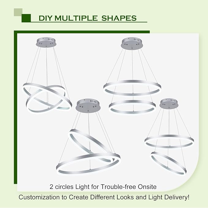 2-Rings Modern LED Chandelier Silver for Dining Room, Circular Flush Mount Ceiling Chandelier Light Dimmable Pendant Light with Remote Control for Living Room Entrance Foyer, 3000K-6500K