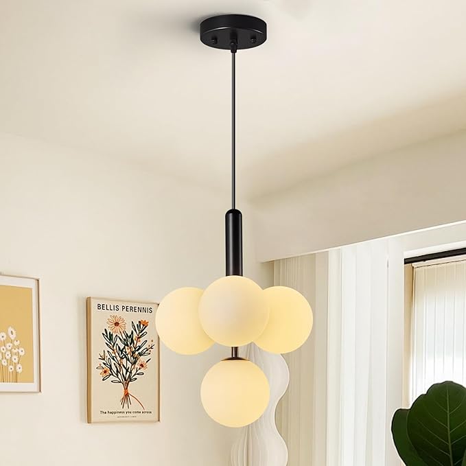 4 Light Globe Chandelier Mid Century Pendant Light with Milky White Glass Shade Modern Black Sputnik Chandeliers for Dining Room Living Room Bedroom Kitchen Island