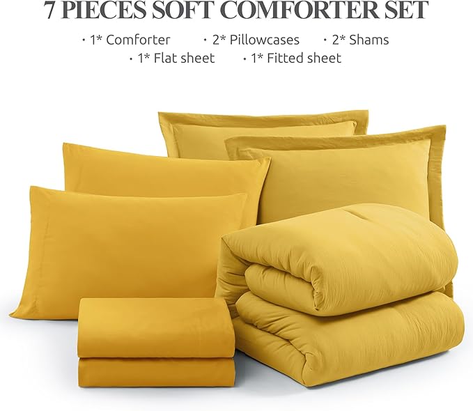 WRENSONGE King Size Comforter Set- 7 Pieces Soft Yellow Bed in a Bag with Fitted Sheet, Flat Sheet 2 Pillow Shams, and 2 Pillowcases- King Bedding Set for All Season