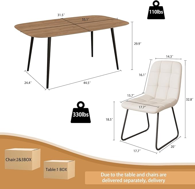 55.1'' Dining Table Set for 4,Modern Wood Dining Table,Leather Dining Chairs 4,Table and Chairs Set of 4,Ideal for Kitchen Dining Room (Walnut Color Table + 4 U-Shaped White Chairs, 55.1")