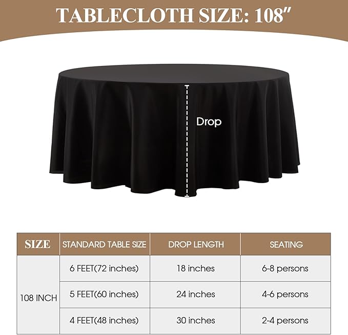 Round Tablecloth 6 Pack 108 Inch Black Tablecloths Washable Decorative Linen Polyester Table Clothes Cover for Dining Table Banquets Buffet Parties and Wedding