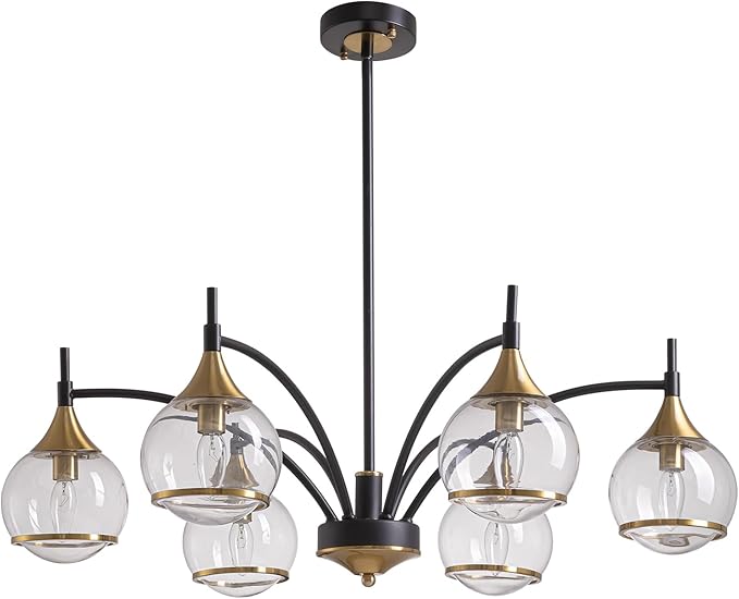 6 Light Modern Dining Room Light Fixtures Over Table 33.8" Black and Gold Chandelier with Globe Glass Bubble Shade Mid CenturySputnik Chandeliers for Dining Room,Living Room,Kitchen
