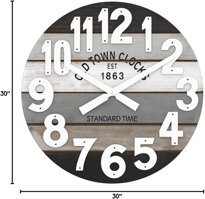 30" Wooden Multi-Color Maritime Coastal Beach Large Number Wall Clock (Gray, 30 inch)