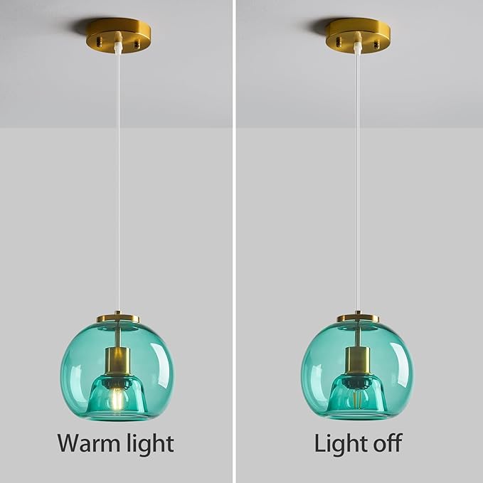 Light Blue Glass Pendant Lights Kitchen Island Gold Hanging Light Fixture Glass Globe Pendant Light Modern Pendant Lighting for Kitchen Island Bedroom Dining Room (7.87", 3 Pack)