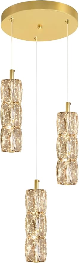 3-Light Gold Chandelier with Dimmable Ceiling Light Crystal Pendant Light for Kitchen Island, Dining Room, Living Room, Entry Hallway