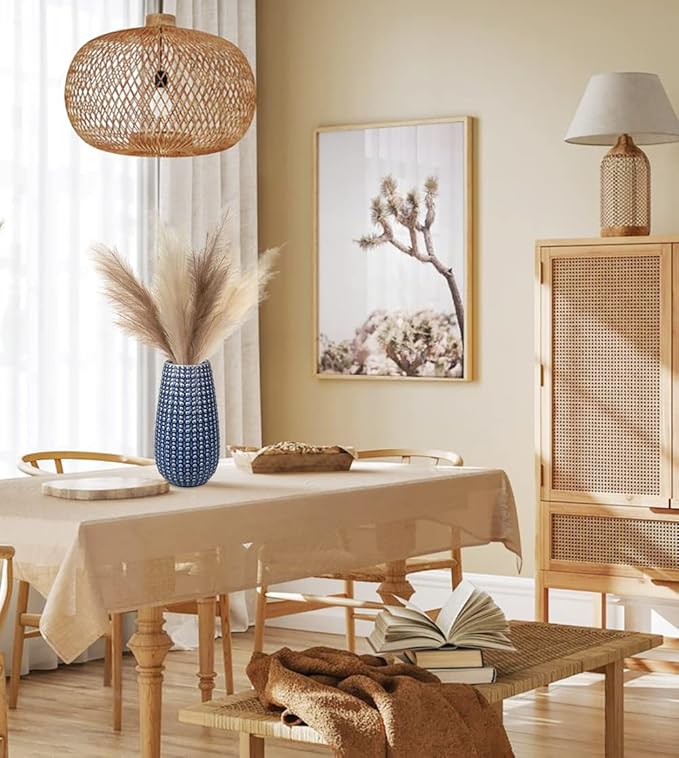 Blue Ceramic Vases for Flowers, Boho Flower Vase for Home Decor, Farmhouse Distressed Decorative Vases for Pampas Grass, Mantel, Shelf, Living Room, Table Decoration