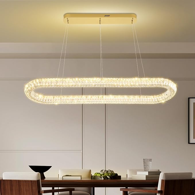 Oval Crystal Chandelier, 55'' Gold Crystal Ring Pendant Light for Kitchen Island Modern Linear Oval Chandeliers for Dining Room Dimmable 3000K-6000K