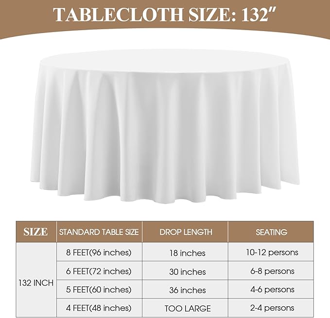 Round Tablecloth 132 Inch White Tablecloths Washable Decorative Linen Polyester Table Clothes Cover for Dining Table Banquets Buffet Parties and Wedding