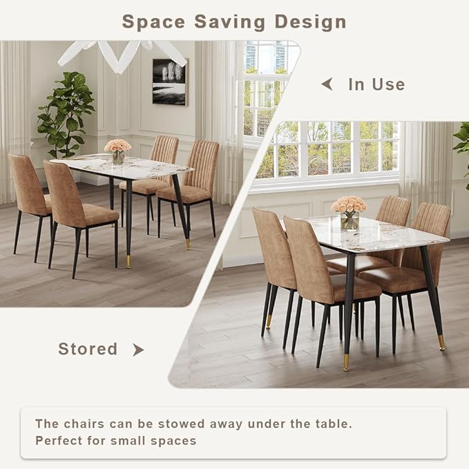 5 Pieces Modern Sintered Stone Dining Table Set 50" Rectangular Faux Marble Tabletop Kitchen Table with 4 PU Leather Chair Dinner Table Set(1Faux Marble Table+4Brown Chairs)
