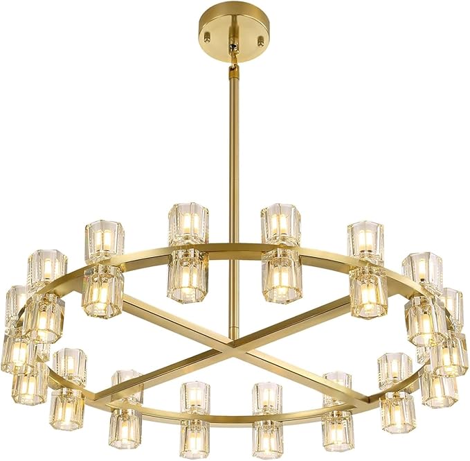 D40 Gold Wagon Wheel Chandelier Modern 40-Lights Gold Round Chandeliers Glass Chandeliers for Dining Room,Living Room Vintage Chandelier