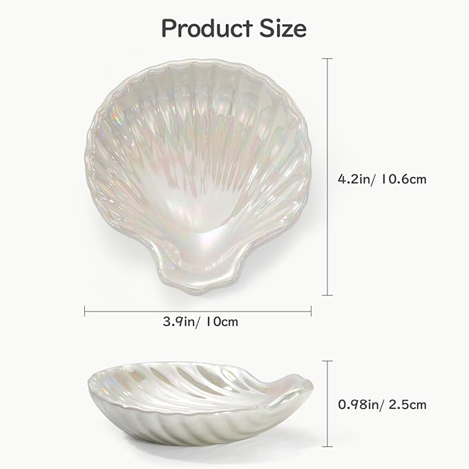 Ring Dish, Shell Ceramic Jewelry Dish Tray, Small Decorative Trinket Dish for Rings Earrings Necklaces Keys, Cute Room Decor Tray, 3.9", White