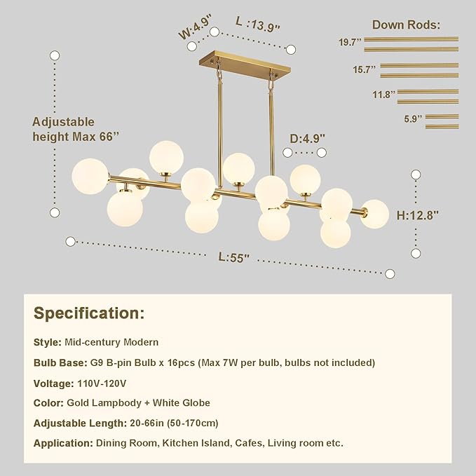 Mid Century Modern Chandelier 55in Linear Gold Pendant Lighting Fixture Linear Chandeliers for Kitchen Island, Dining Room 16-Light