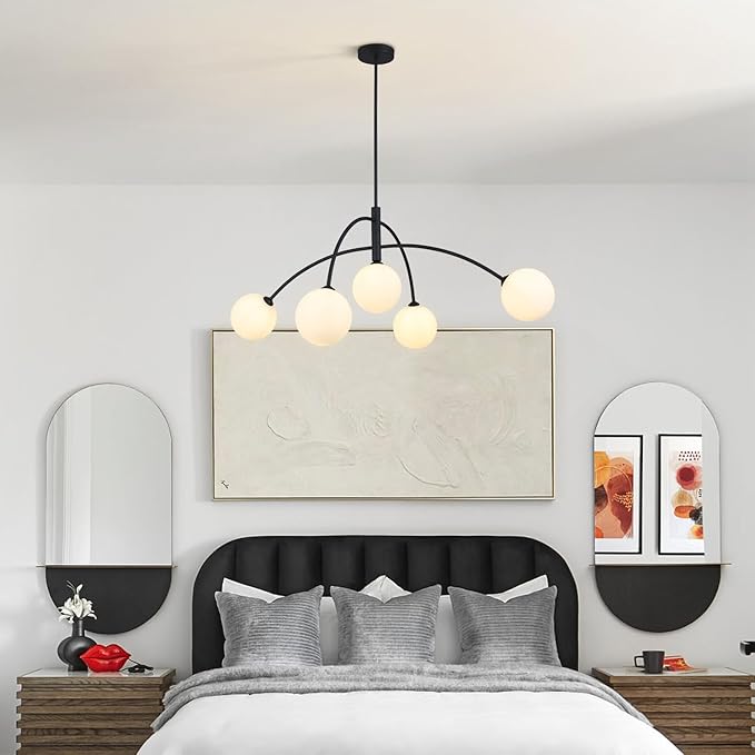 Mid Century Chandelier Black Ceiling Light 5 Light Sputnik Light Fixture with White Glass Globe Adjustable Modern Sputnik Chandelier for Dining Room Kitchen Bedroom…