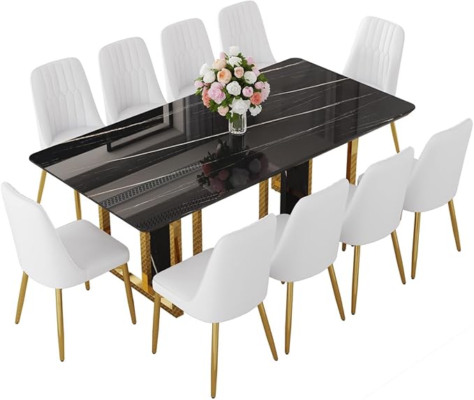 TesNus 79" Black Dining Table Set for 10 with Chairs,Large Faux Marble Kitchen Table and Chairs Set Rectangular 11 Piece Dining Room Set with Gold Metal Legs,Modern Design,Easy Assemble,Stable Base