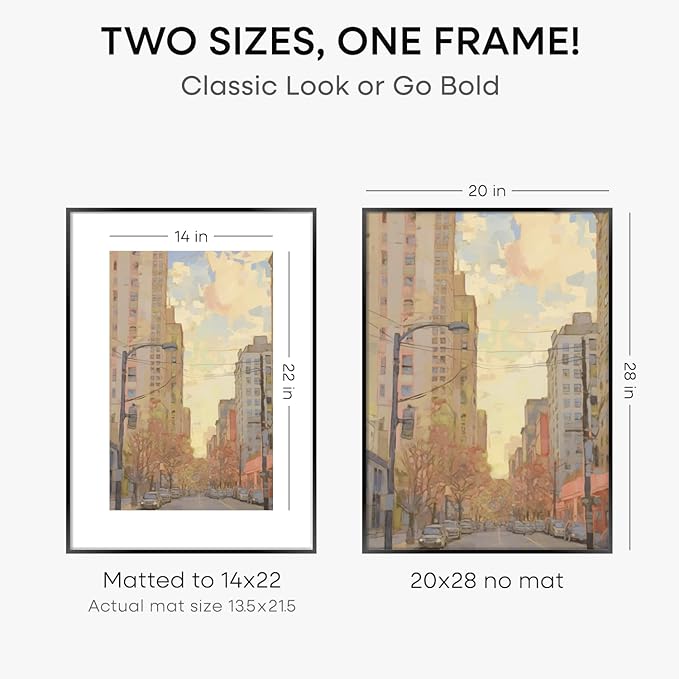 Homeforia 20 x 28 Picture Frame Black, High End Metal 20x28 Poster Frames with Mat 14x22 for Photo, 20 x 28 Black Frame Matted to 14 x 22 Print, 28x20 Hanging Frame, Tempered Glass, Wall Kit, Set of 3