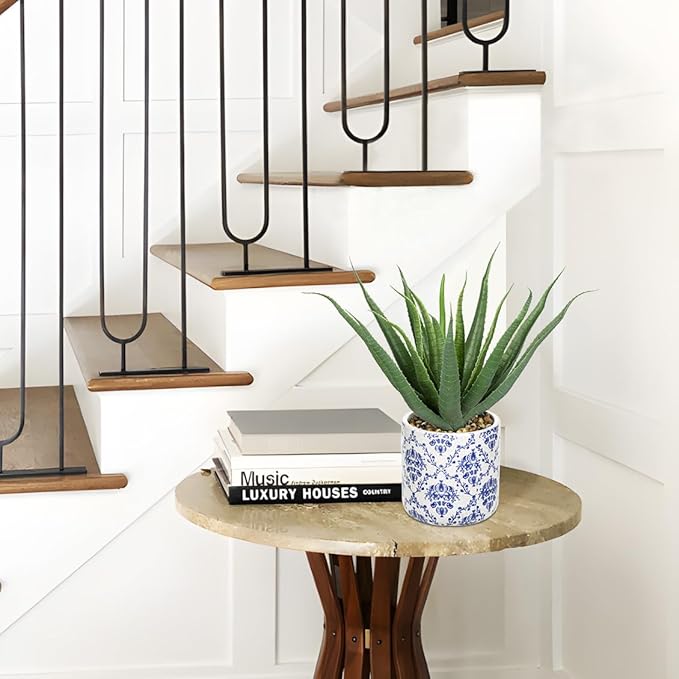 Briful Agave Plants Artificial Succulents Fake Plant in Blue Vase, 9'' Tall Realistic Faux Aloe Vera for Home Decor Indoor Centerpiece Table Kitchen