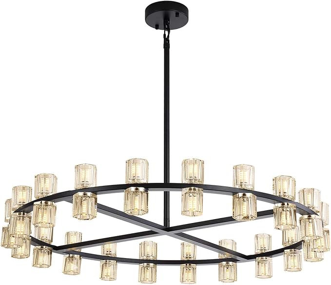 D32 Black Wagon Wheel Chandeliers Modern 32-Lights Black Round Chandelier Glass Chandeliers for Dining Room,Living Room Vintage Chandelier for Foyer Hallway