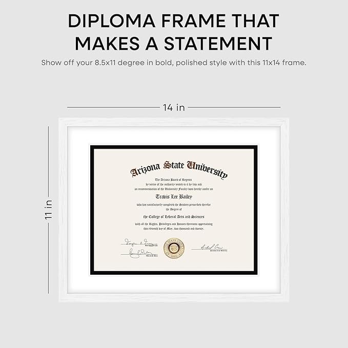 Homeforia 11x14 White Diploma Frame, High End Black Oak 11 x 14 Certificate Wood Frames with Mat 8.5x11, 14x11 Wooden Document Matted Frame, Award Graduation Frames, Tempered Glass, Wall Kit, Set of 1