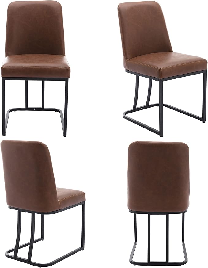 VESCASA Faux Leather Upholstered Dining Chairs with Back, Mid Century Modern Chairs with Black Metal Frame for Dining Room, Restaurant, Kitchen, Set of 2, Brown