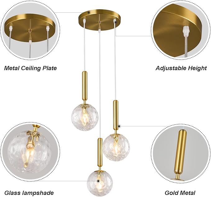 Mid Century Globe Pendant Light with Clear Glass for Kitchen Island Modern Gold Finish Hanging Light Fixture Retro Round Pendant Lighting for Living Room Bedroom Entryway(3 Lights)