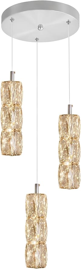 Pendant Lights Kitchen Island 3-Lights Silver Crystal Chandelier for Dining Room Hallway Stairwell,LED Dimmable 2700K-6000K