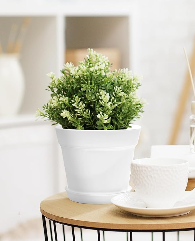 homenote Plant Pots,7.5 Inch Flower Pots for Plants Plastic Planters for Indoor with Multiple Drainage Holes and Trays, for All Home Garden Flowers Succulents,Outdoor(White&Black,8 Pack)