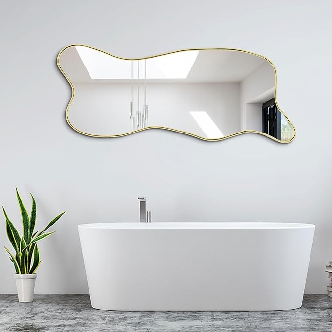 Large Gold Irregular Mirror, Asymmetrical Mirrors Full Length, 59.8"x23.6" Standing Floor for Dressing, Metal Frame Waved Shaped Mirror for Living Room Bathroom Bedroom Hallway Entryway