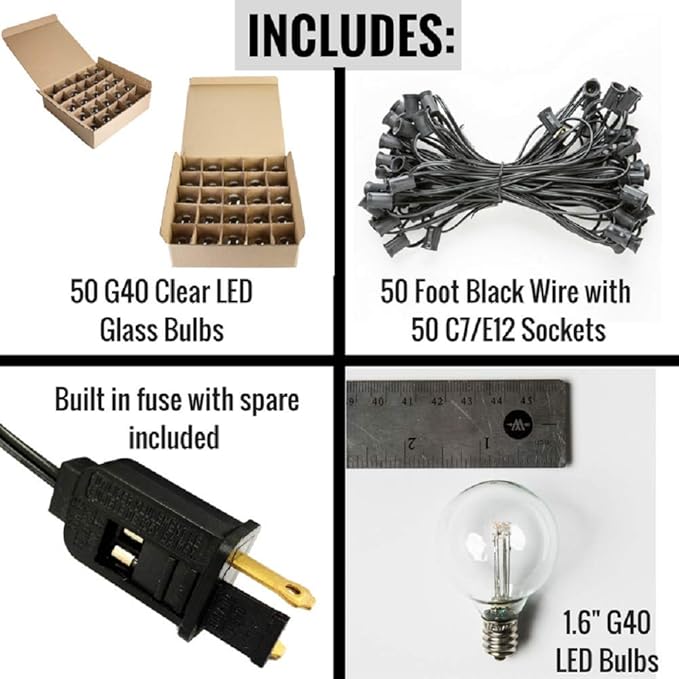 Hometown Evolution, Inc. 50 Foot G40 LED Outdoor String Lights (LED G40 0.6 Watt Bulbs - Black Wire) for Patio, Deck, Yard, Cafe and Party Lighting