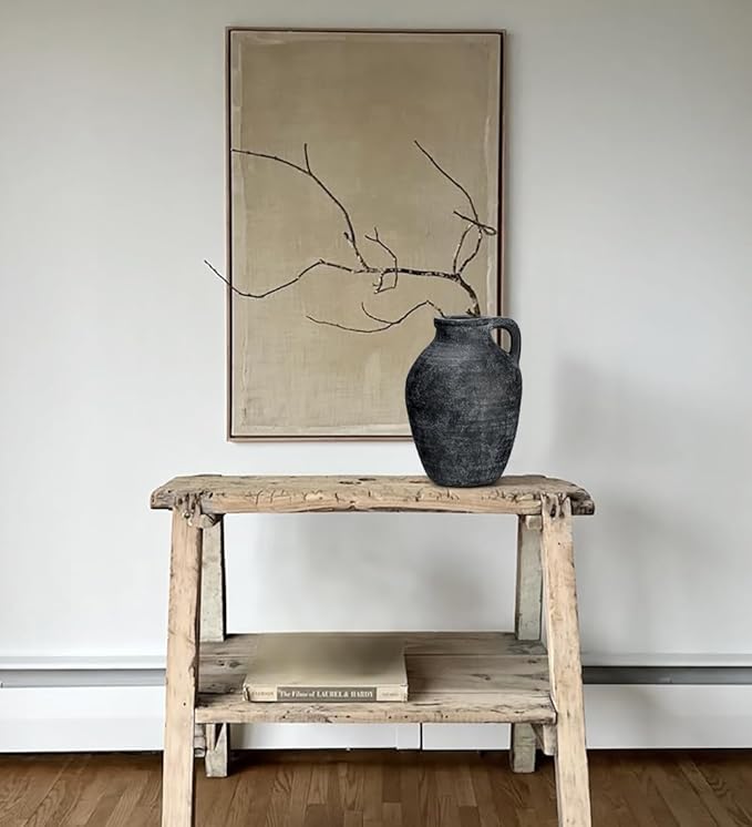 Ceramic Rustic Farmhouse Vase, 9 inch Ceramic Black Flower Vase for Centerpieces Pampas Grass Pottery Jug with Handle Boho Modern Rustic Farmhouse Decor for Living Room Kitchen Dinner Table Shelves