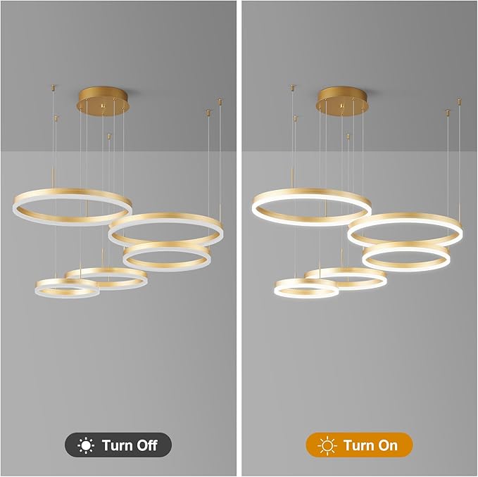 Modern Gold Chandelier Ring LED Dimmable Pendant Light Ceiling Light Fixtures 5 Rings Circle Geometric Chandeliers for Dining Room Living Room Entryway Bedroom Hallway Foyer