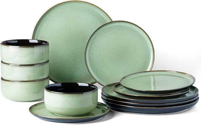 LERATIO Ceramic Dinnerware Sets for 4,12 Pieces Poreclain Plates and Bowls Sets,Scratch Resistant Dishes,Dishwasher & Microwave Safe Dishes Set,Service for 4-Light Geen