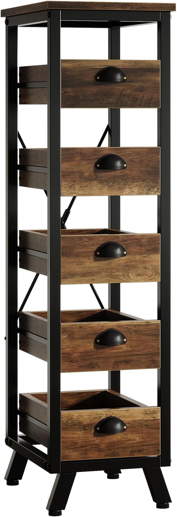 Tribesigns Wood Fruit and Vegetable Storage Rack Set of 2, 5-Tier Narrow Snack Stand Kitchen Stand Fruit Basket, Pull-Out Utility Organizer for Kitchen, Living Room, Rustic Brown