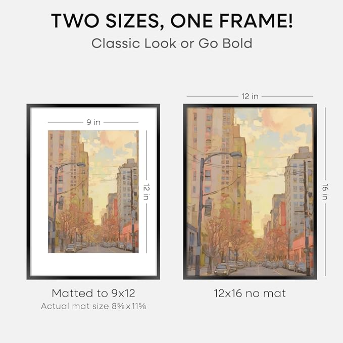 Homeforia 12x16 Picture Frame Black, High End Metal 12x16 Poster Frames with Mat 9x12 for Photo, 12 x 16 Black Frame Matted to 9 by 12 inch Print, 16x12 Thin Frames, Tempered Glass, Wall Kit, Set of 4