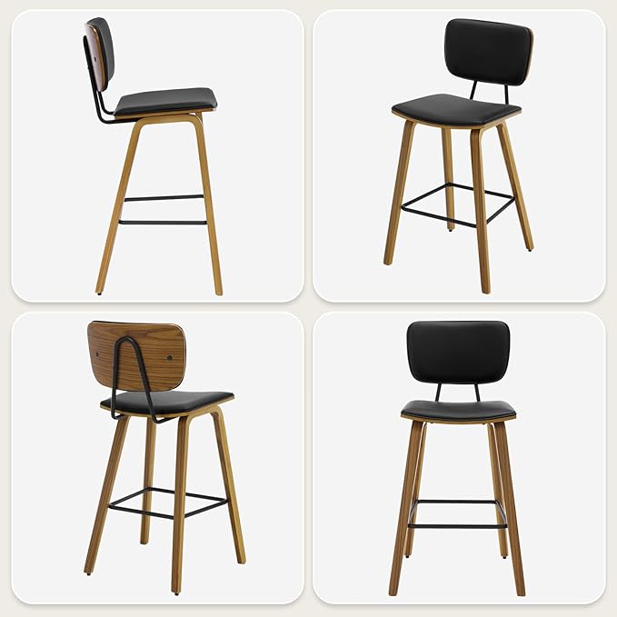 Counter Height Bar Stools Set of 4, PU Leather Upholstered Barstools with Backs, Bent Wood Legs, 26 Inch Seat Height, Mid Century Modern Counter Stools for Kitchen Island, Black
