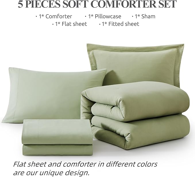WRENSONGE Twin Comforter Set- 5 Pieces Sage Green Bed in a Bag, All Season Twin XL Bedding Sets with 1 Fitted Sheet, 1 Flat Sheet, 1 Pillow Sham and 1 Pillowcase