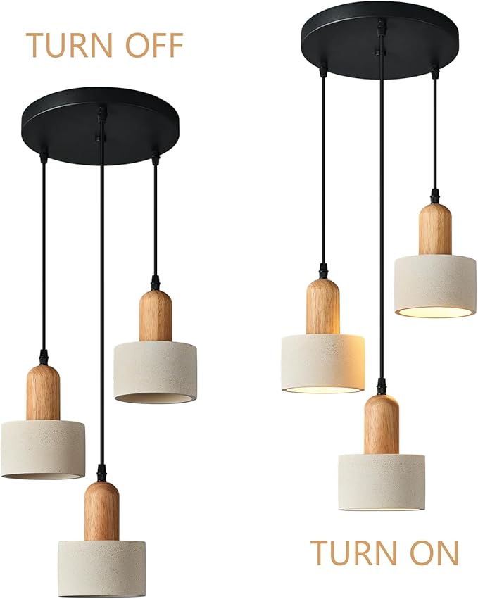 Modern Cement Pendant Lights White Chandelier Wooden Ceiling Lamps for Kitchen Island Bedroom Dining Room Living Room bar(Round 3-Light)